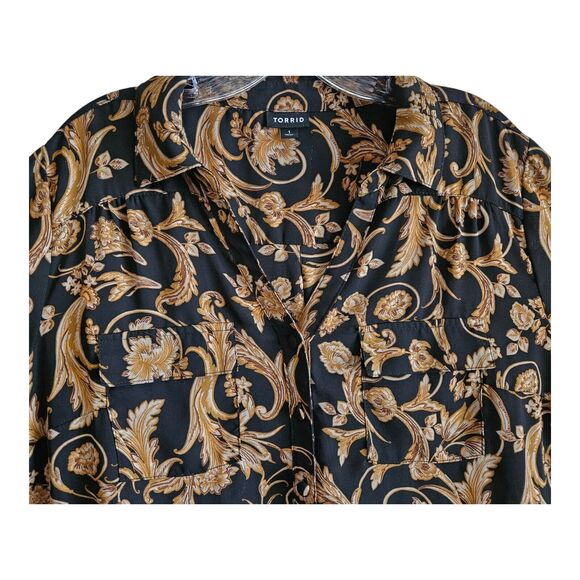 TORRID 1 Women 14 16 Shirt Button Up Gold Black 3/4 Roll Tab Sleeve Relaxed 48" - Picture 2 of 7